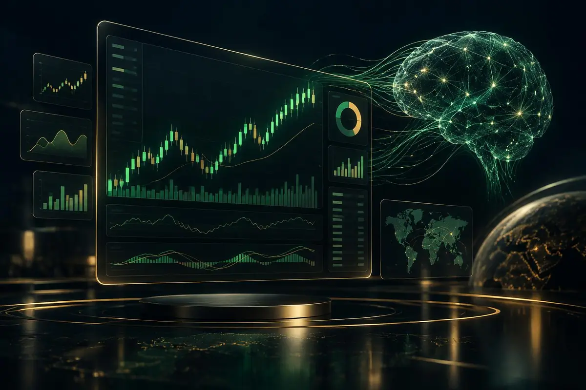 Qelvandruk AI trading dashboard showing live candlestick charts connected to a neural network