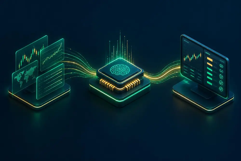Qelvandruk trading system workflow: market data flows into an AI processor and becomes executed trades